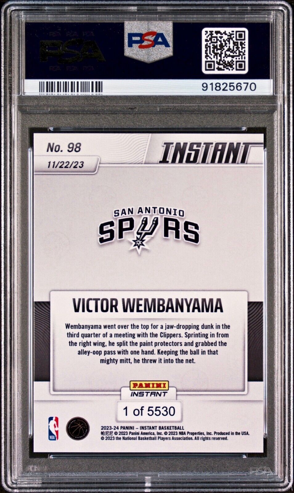 Victor Wembanyama 2023-24 Panini #98 NBA Rookie Card Spurs 1 of 5530 PSA 9 Mint