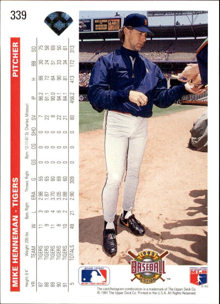 Mike Henneman 1992 Upper Deck MLB #339 Baseball Card Detroit Tigers