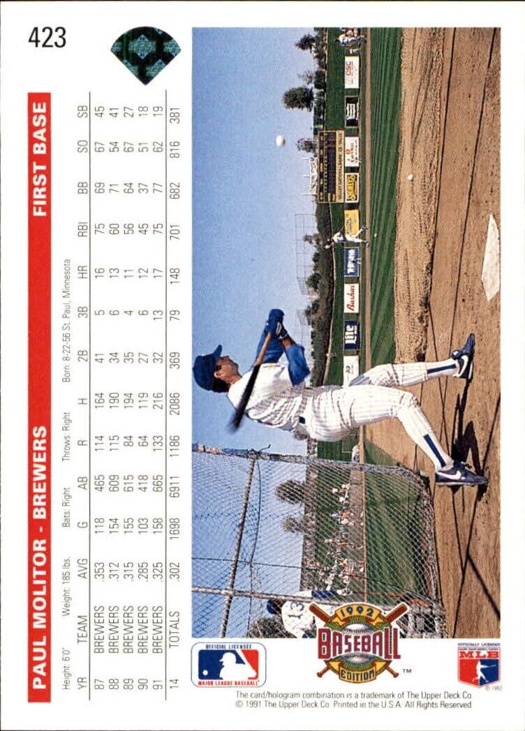 Paul Molitor 1992 Upper Deck MLB #423 Baseball Card Milwaukee Brewers