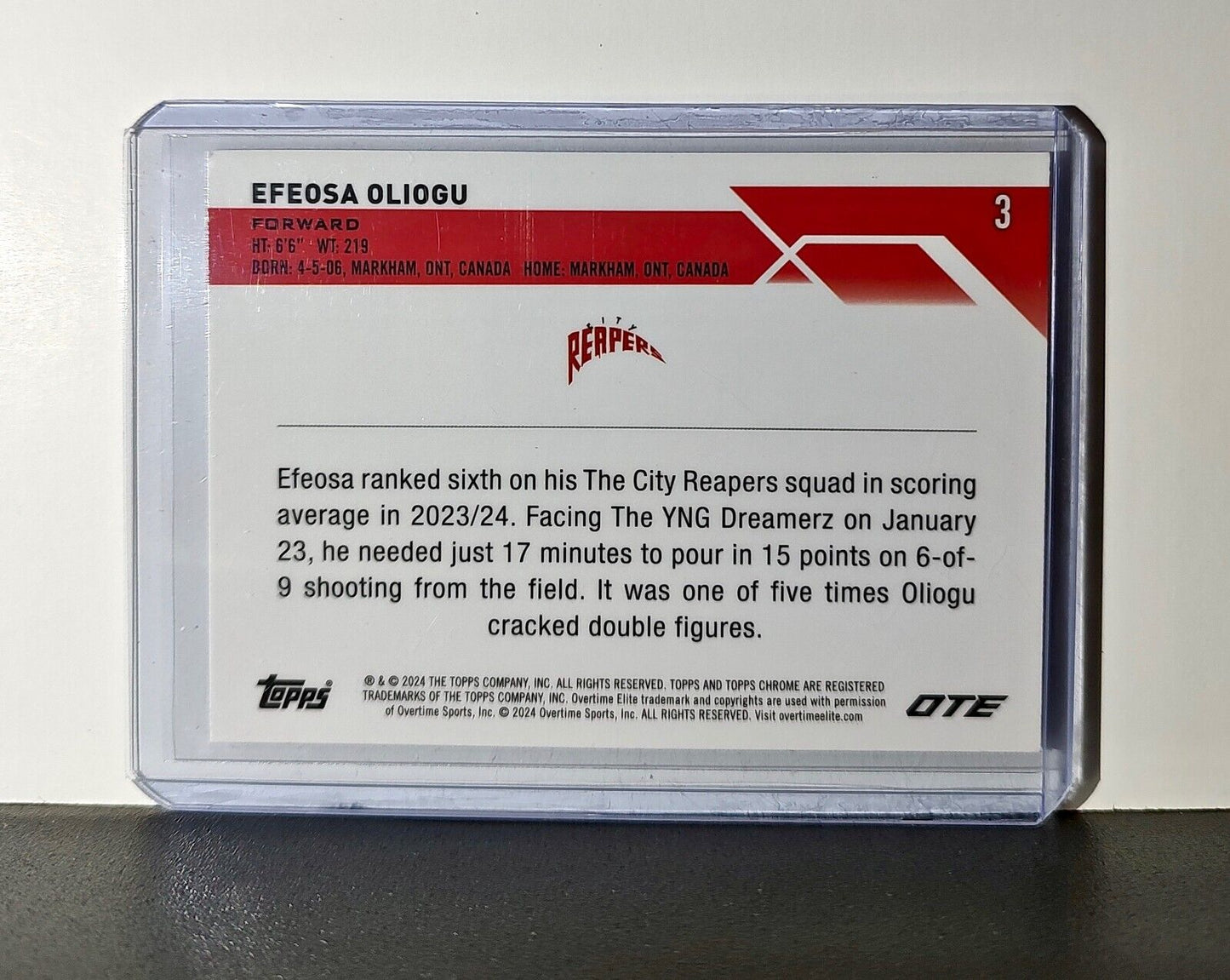 Efeosa Oliogu Rookie Card 2023-24 Topps Chrome Overtime #3 City Reapers