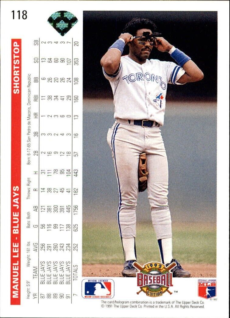 Manuel Lee 1992 Upper Deck MLB #118 Baseball Card Toronto Blue Jays