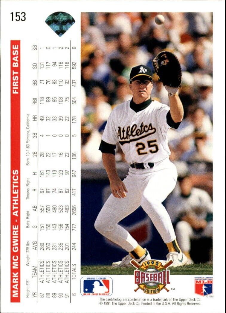 Mark McGwire 1992 Upper Deck MLB #153 Baseball Card Oakland Athletics