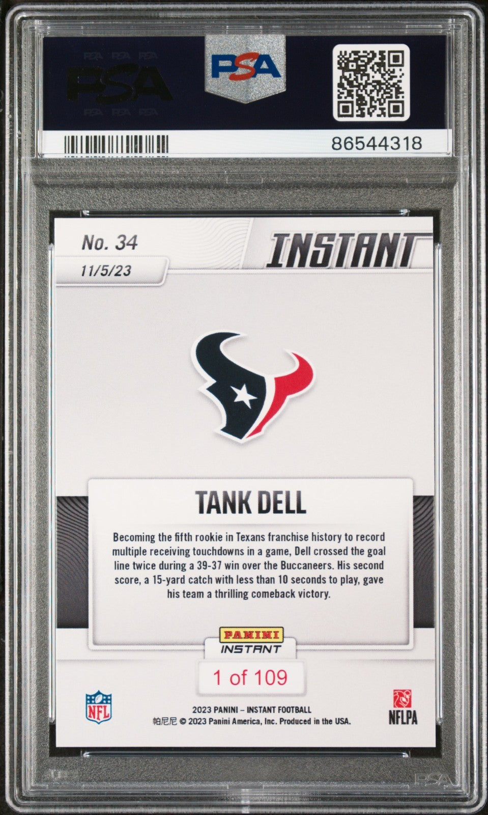 Tank Dell 2023 Panini NFL Rookie Football #34 Card 1 of 109 Texans PSA 9 Mint