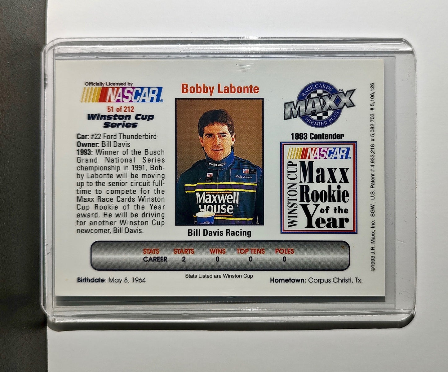 Bobby Labonte 1993 Maxx Premier Plus Racing #51 NASCAR Card Bill Davis Racing