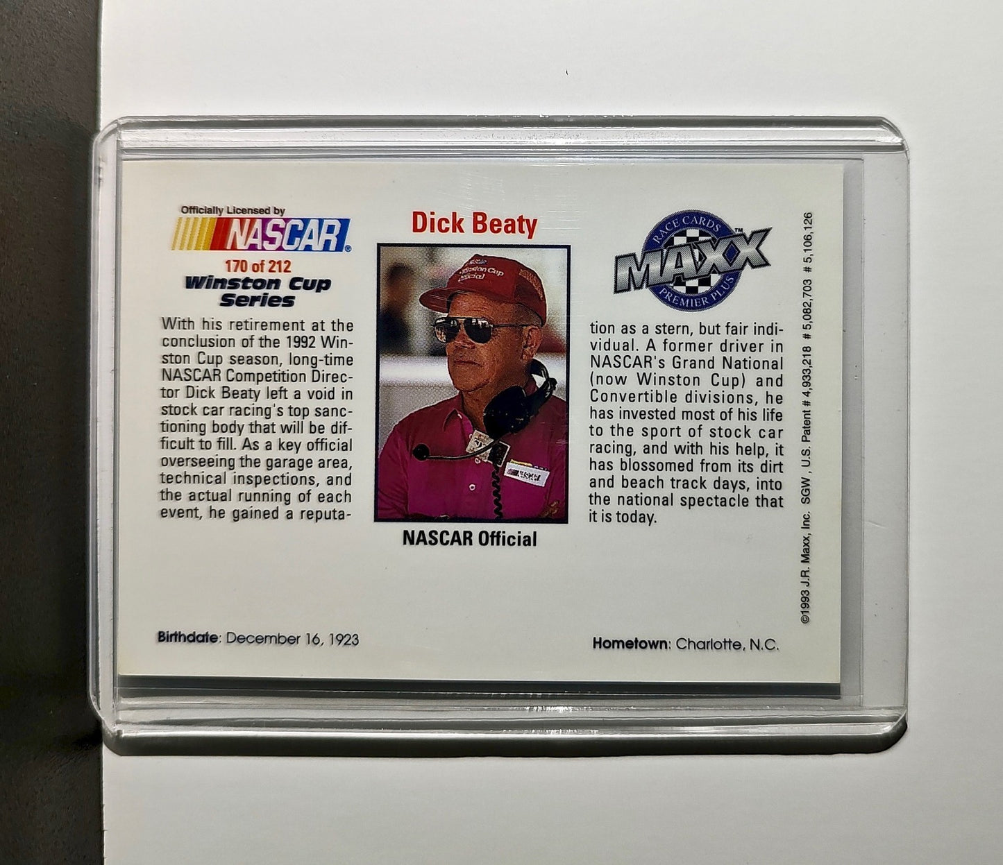 Dick Beaty 1993 Maxx Premier Plus Racing #170 NASCAR Card