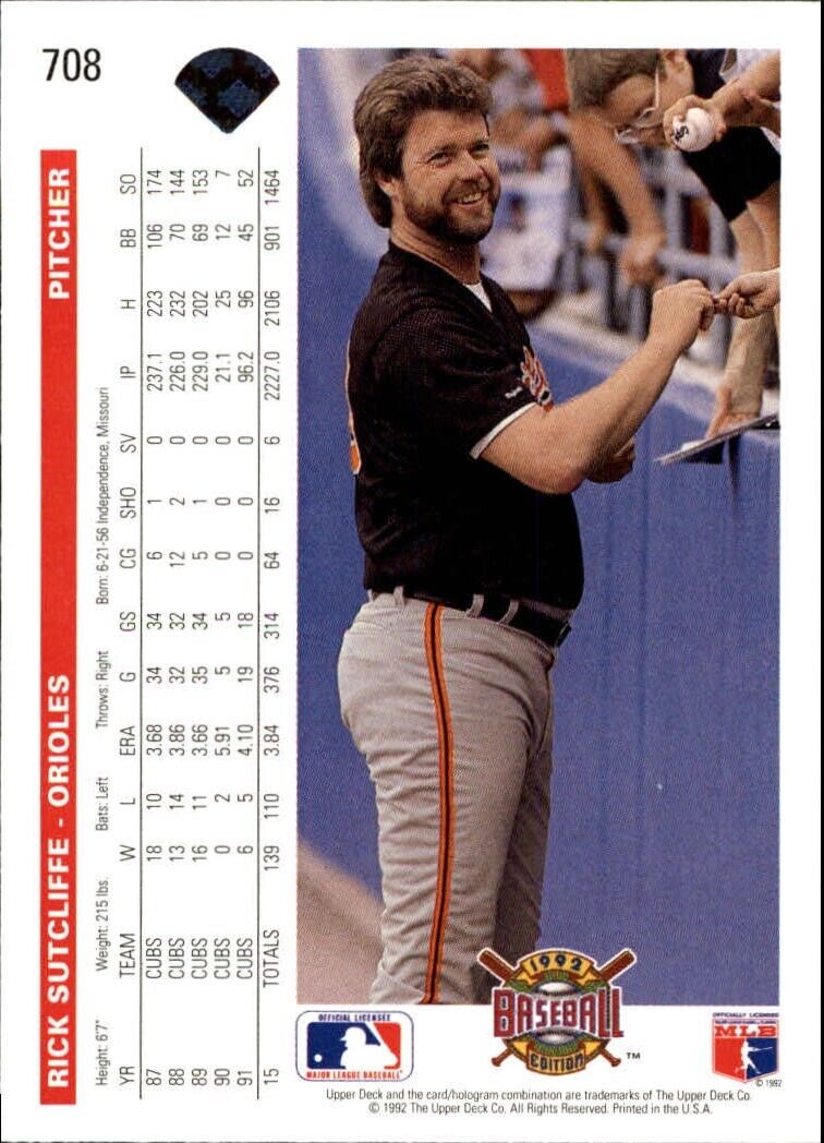 Rick Sutcliffe 1992 Upper Deck MLB #708 Baseball Card Baltimore Orioles