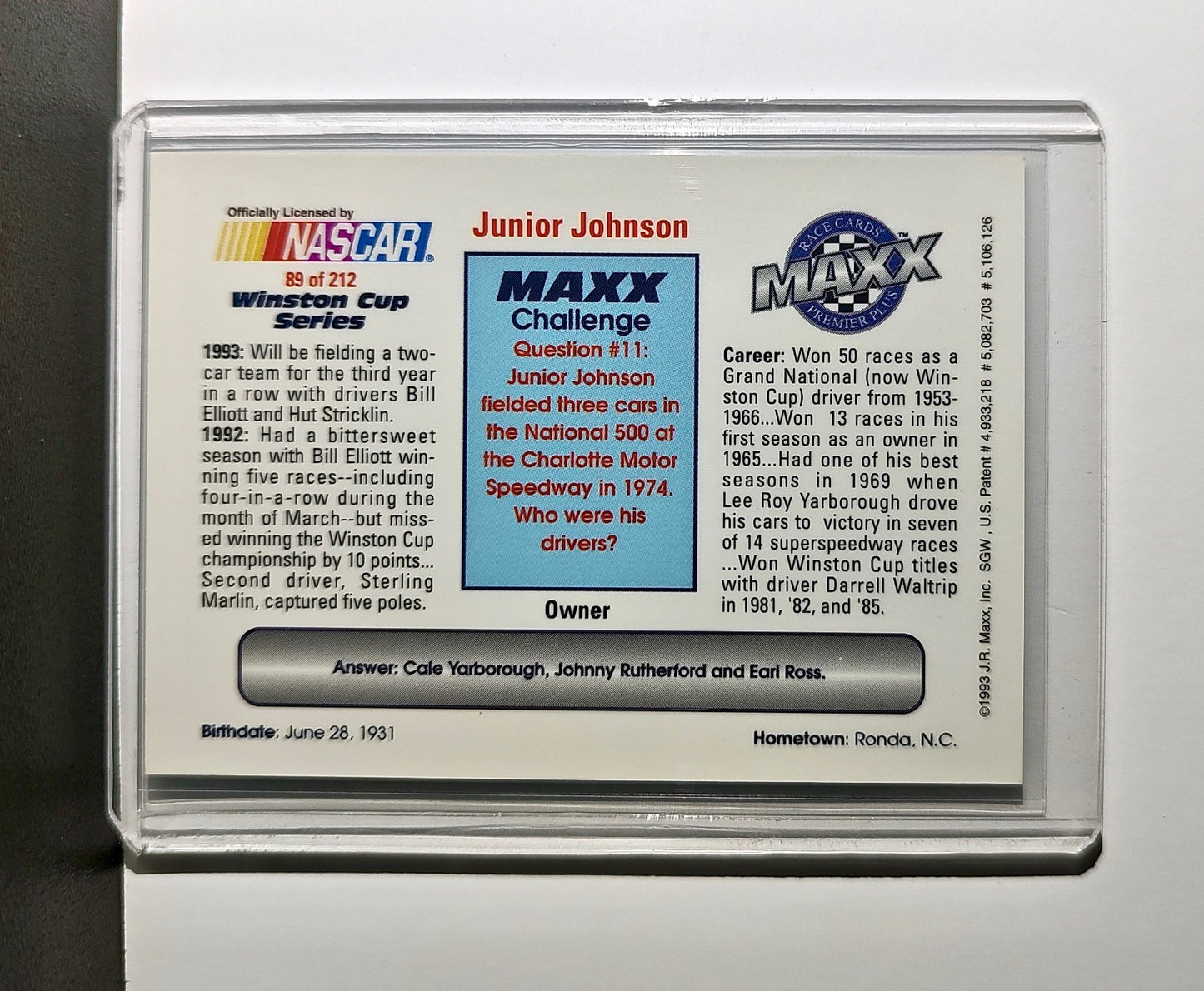 Junior Johnson 1993 Maxx Premier Plus Racing #89 NASCAR Card Junior Johnson