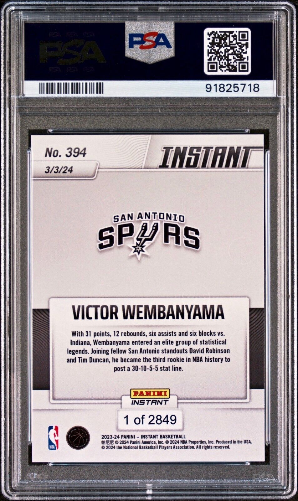 Victor Wembanyama 2023-24 Panini #394 NBA Rookie Card 1 of 2849 PSA 9 MINT