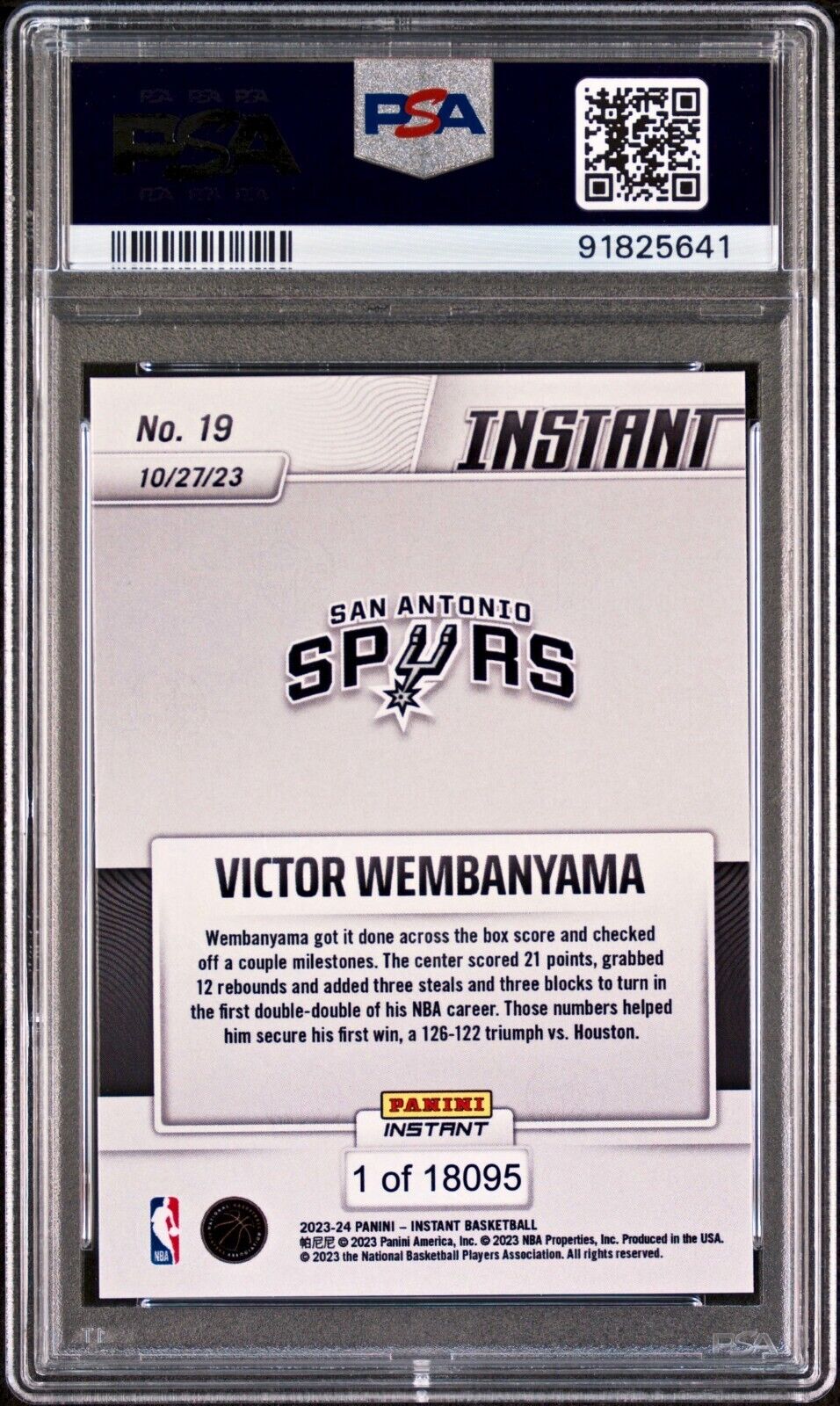 Victor Wembanyama 2023-24 Panini #19 NBA Rookie Card Spurs 1 of 18095 PSA 9 Mint