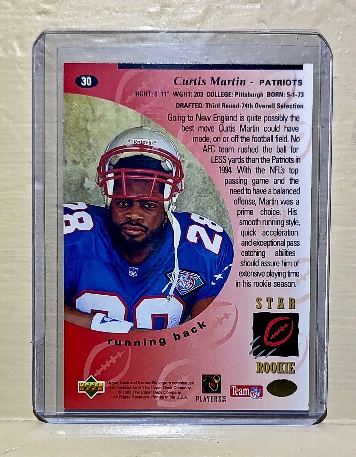 1995 Curtis Martin Upper Deck #30 Star Rookie NFL Trading Card Patriots