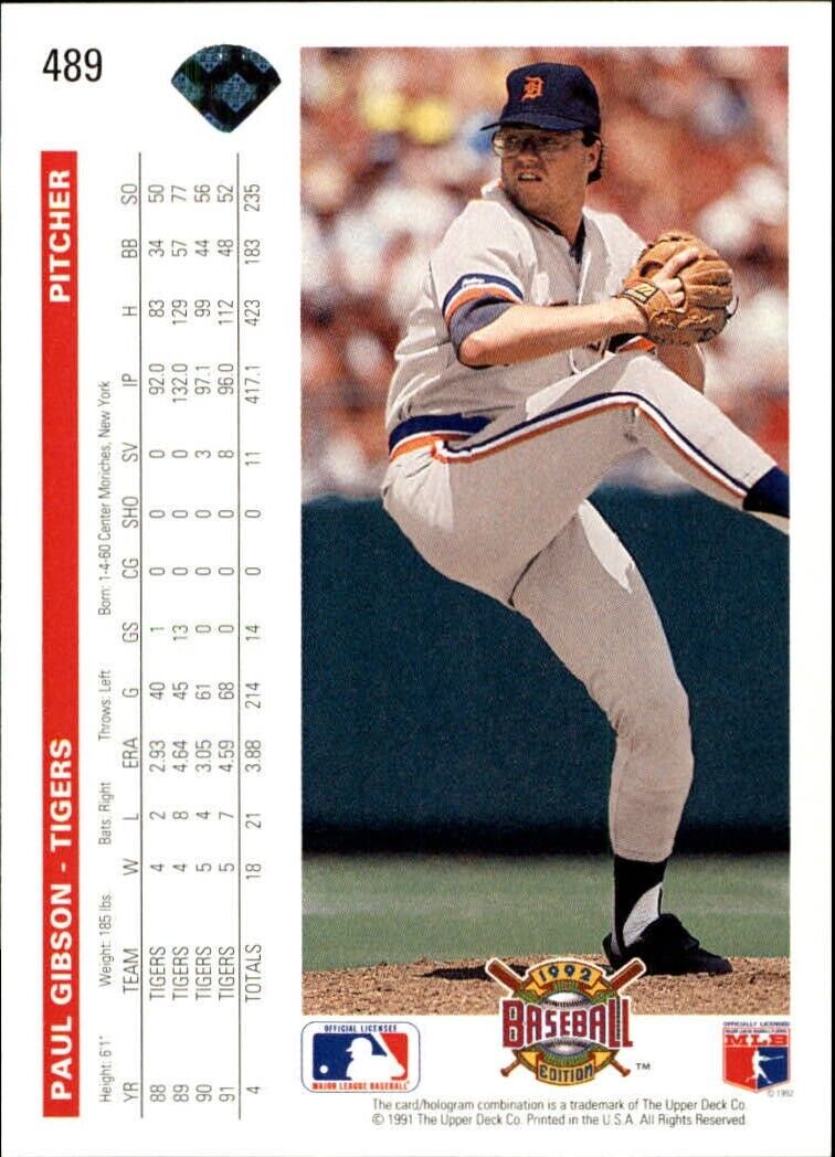 Paul Gibson 1992 Upper Deck MLB #489 Baseball Card Detroit Tigers