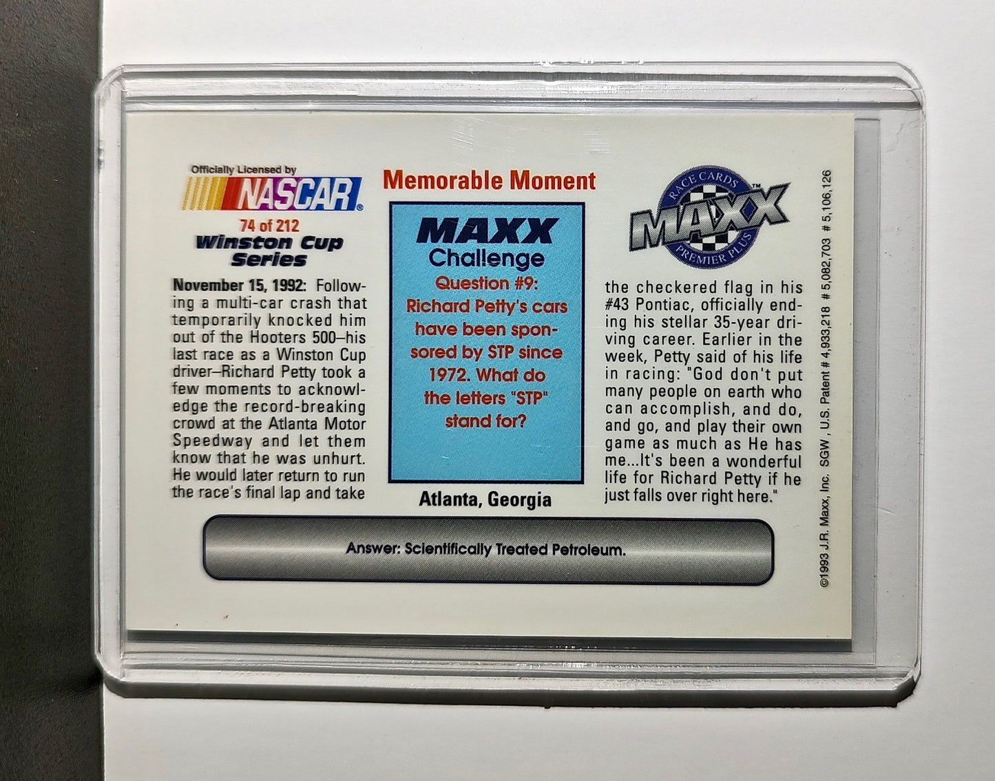 Memorable Moment 1993 Maxx Premier Plus Racing #74 NASCAR Card Petty Enterprises