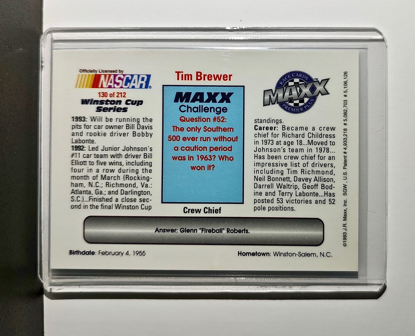 Tim Brewer 1993 Maxx Premier Plus Racing #130 NASCAR Card Junior Johnson