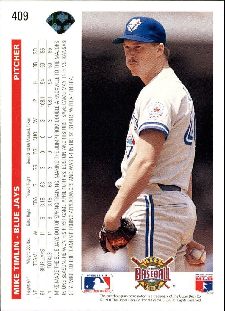 Mike Timlin 1992 Upper Deck MLB #409 Baseball Card Toronto Blue Jays