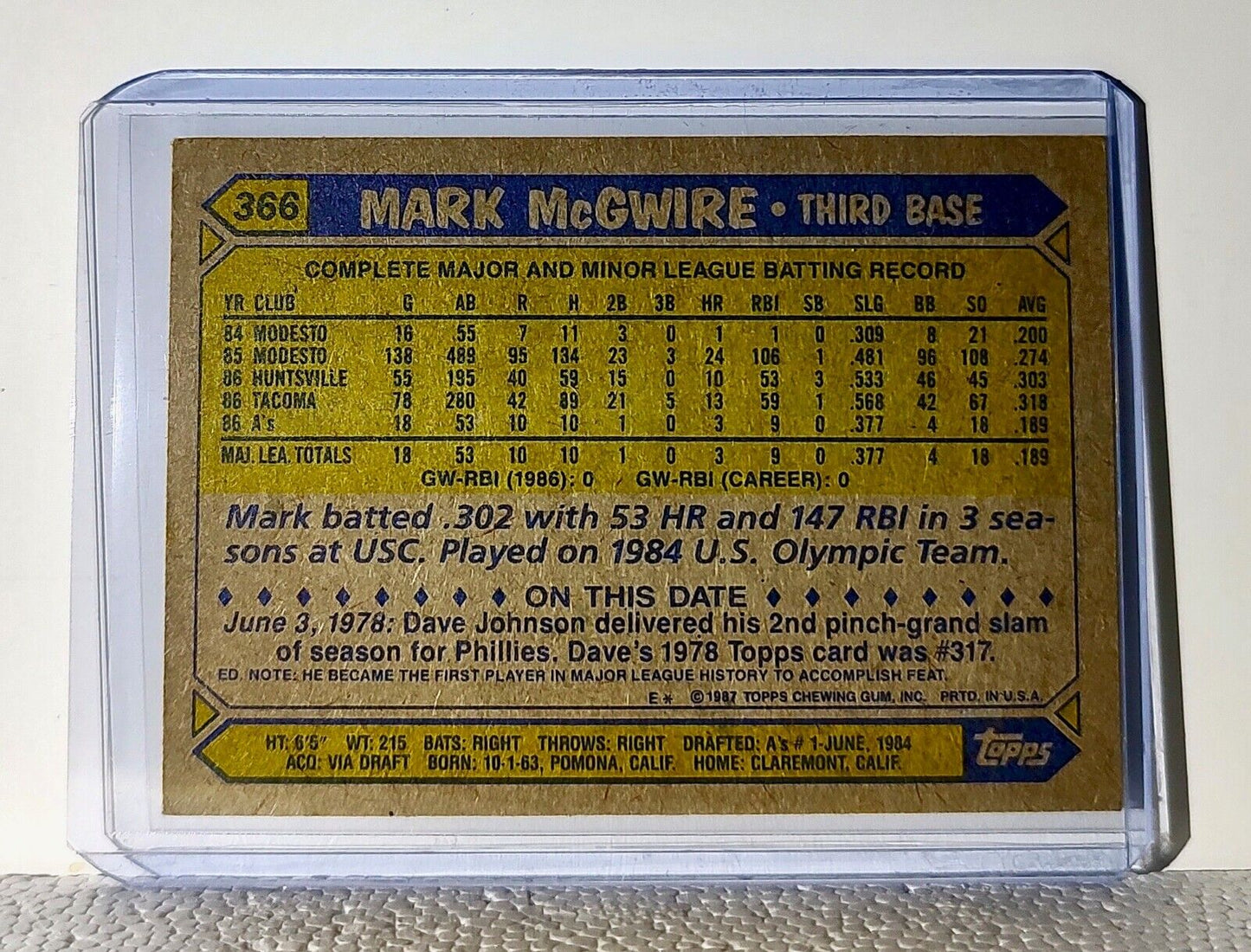 Mark McGwire 1987 Topps MLB #366 Baseball Card Oakland Athletics