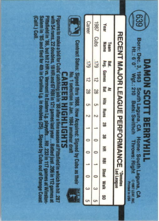 1988 Damon Berryhill Donruss Baseball Card #639