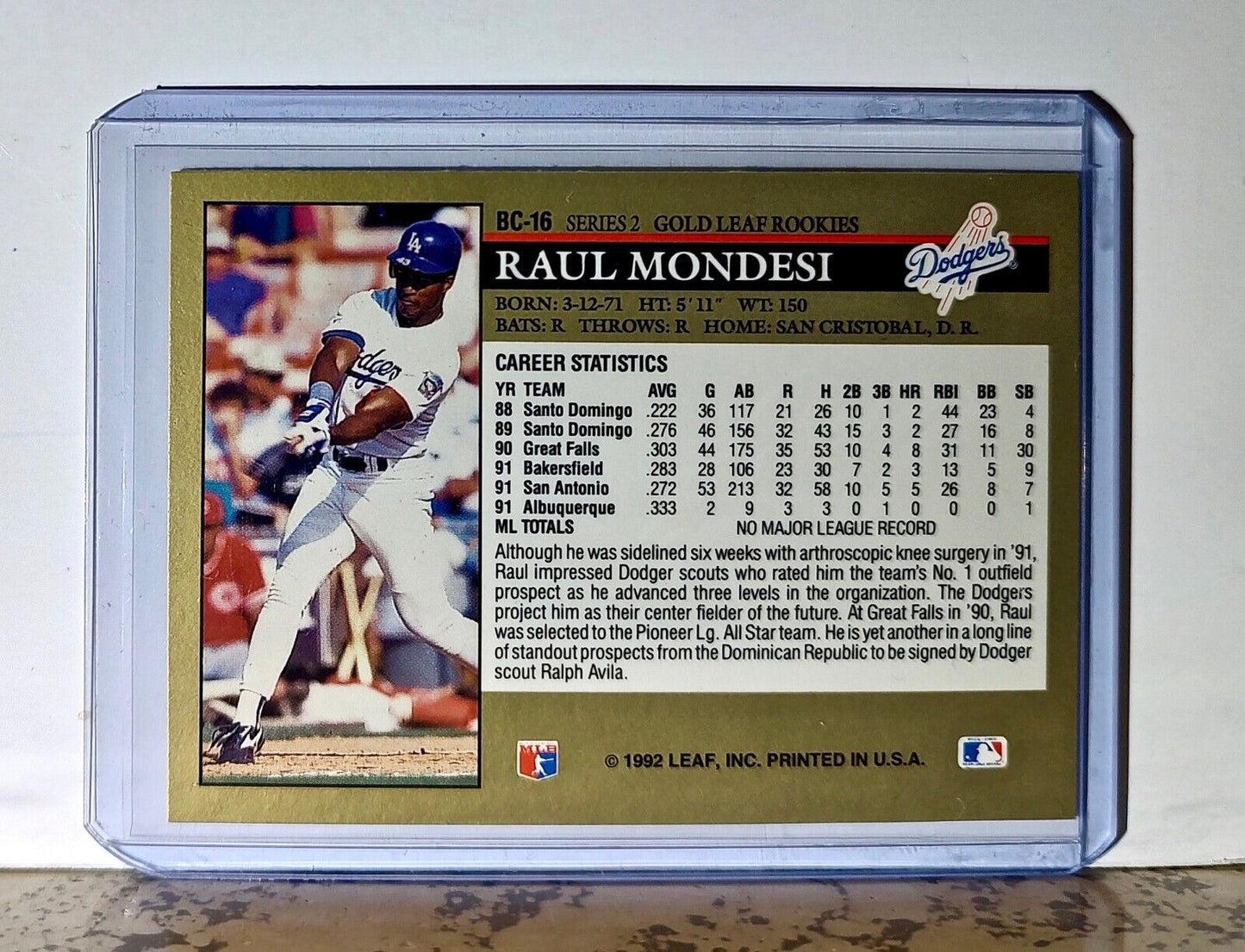 Raul Mondesi 1992 Leaf MLB #BC-16 Baseball Card Los Angeles Dodgers