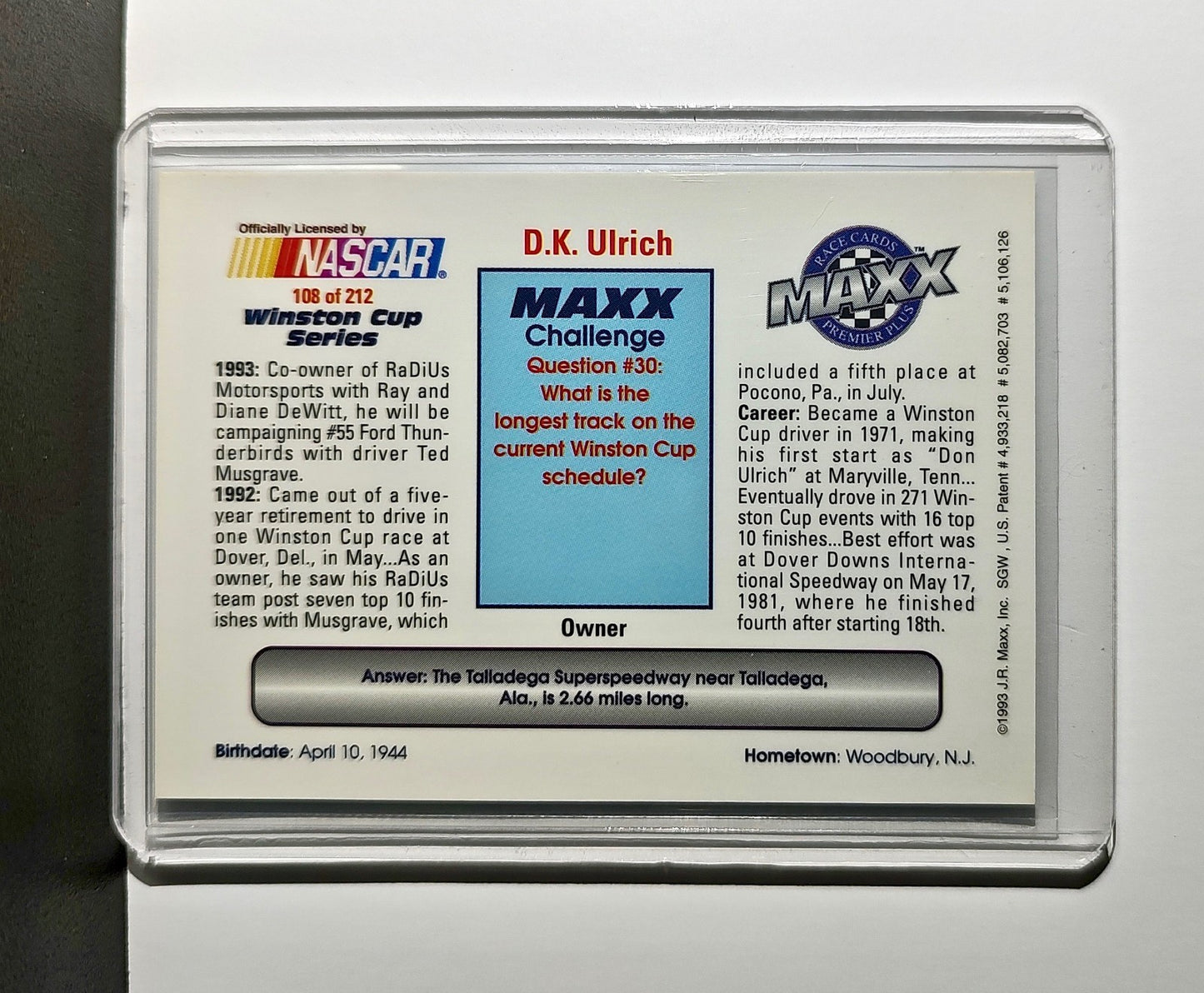 D.K. Ulrich 1993 Maxx Premier Plus Racing #108 NASCAR Card RaDiUs Motorsports