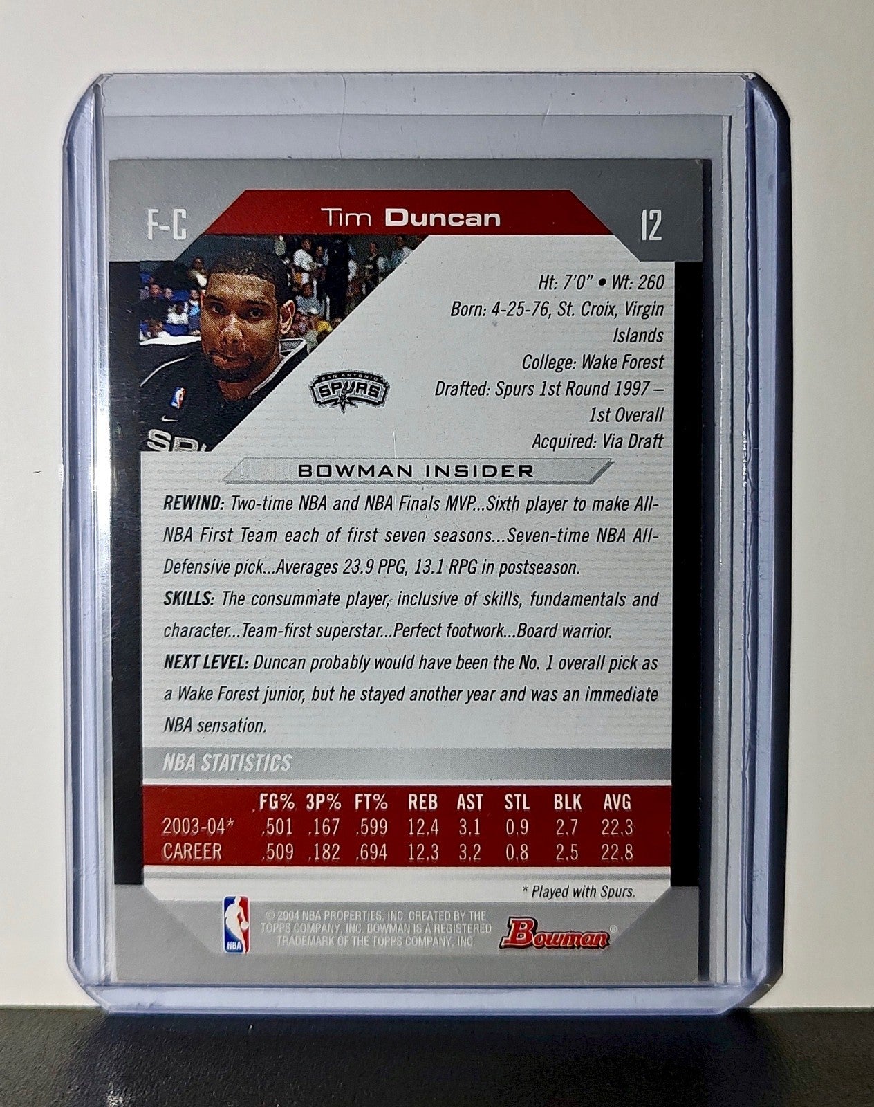 Tim Duncan 2004 Bowman NBA #12 Card San Antonio Spurs