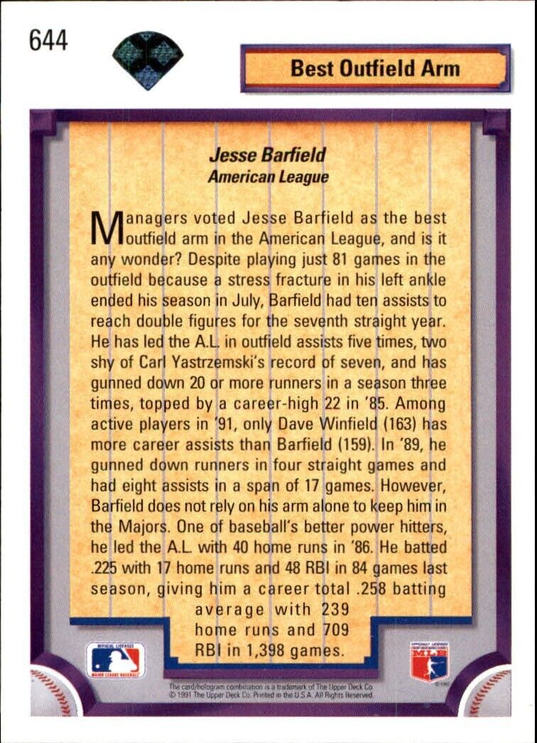 Jesse Barfield 1992 Upper Deck MLB #644 DS Baseball Card New York Yankees