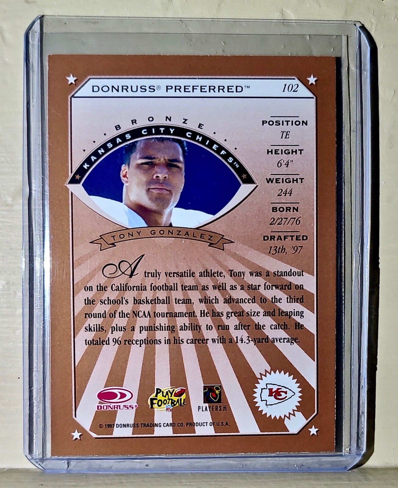 Tony Gonzalez 1997 Donruss Preferred Bronze Football #102 NFL Card Chiefs