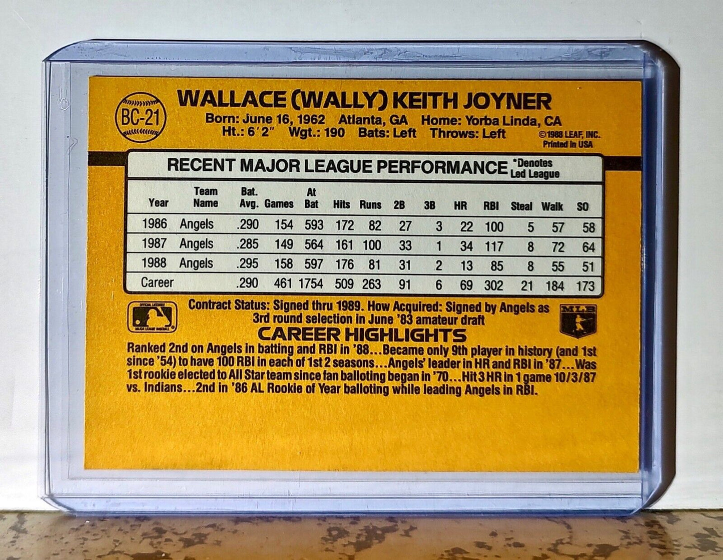 Wally Joyner 1989 Donruss MVP MLB #BC-21 Baseball Card California Angels