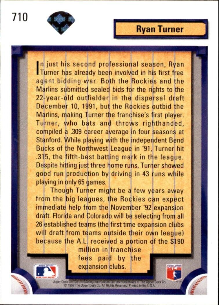 Ryan Turner 1992 Upper Deck MLB #710 Rookie Baseball Card Colorado Rockies