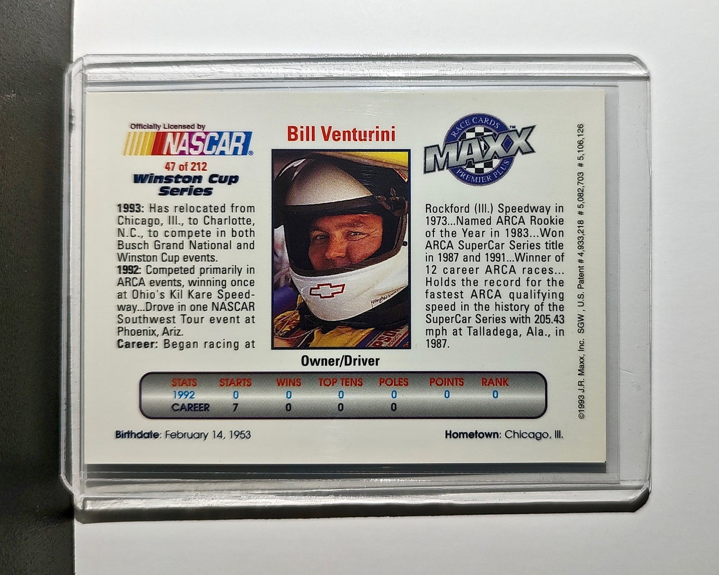 Bill Venturini 1993 Maxx Premier Plus Racing #47 NASCAR Venturini Motorsports