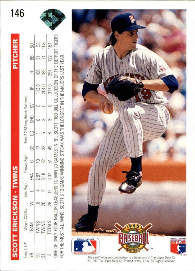 Scott Erickson 1992 Upper Deck MLB #146 Baseball Card Minnesota Twins