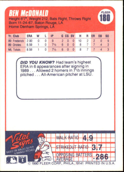 1990 Ben McDonald Fleer Baseball Card #180