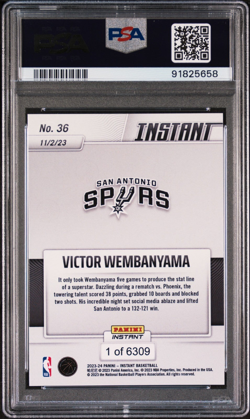 Victor Wembanyama 2023-24 Panini #36 NBA Rookie Card Spurs 1 of 6309 PSA 10 Gem