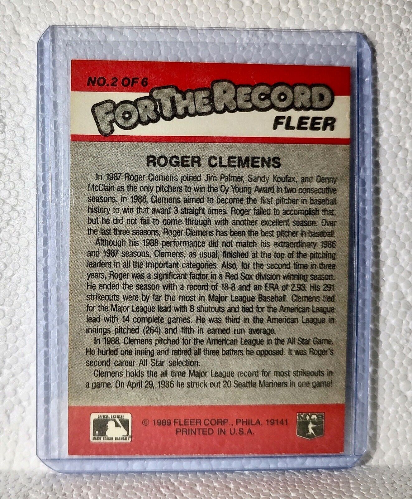 Roger Clemens 1989 Fleer MLB #2 For The Record Baseball Card Boston Red Sox