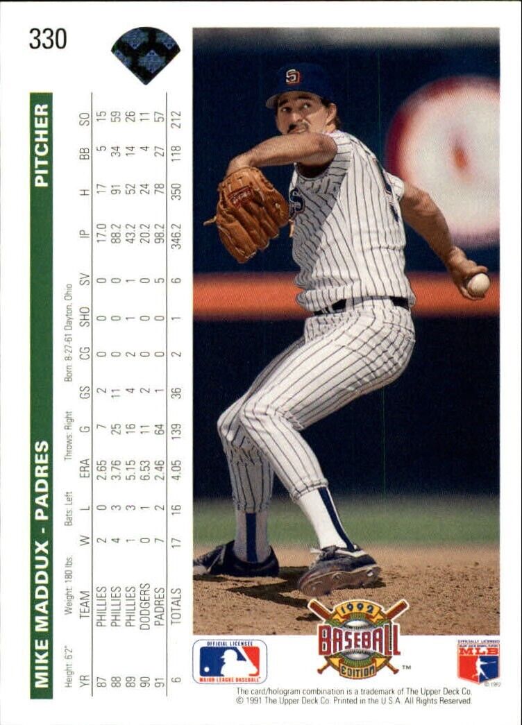 Mike Maddux 1992 Upper Deck MLB #330 Baseball Card San Diego Padres