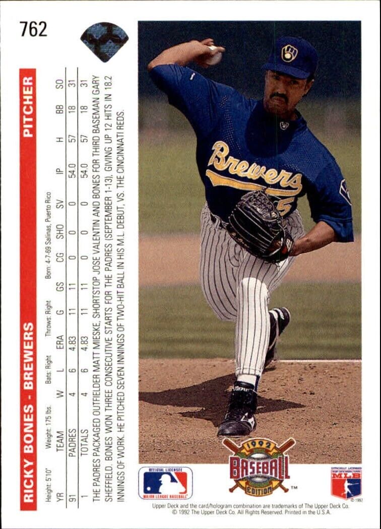 Ricky Bones 1992 Upper Deck MLB #762 Baseball Card Milwaukee Brewers