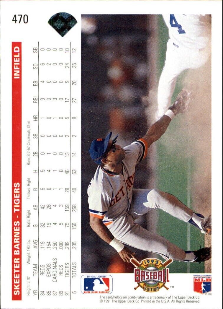 Skeeter Barnes 1992 Upper Deck MLB #470 Baseball Card Detroit Tigers