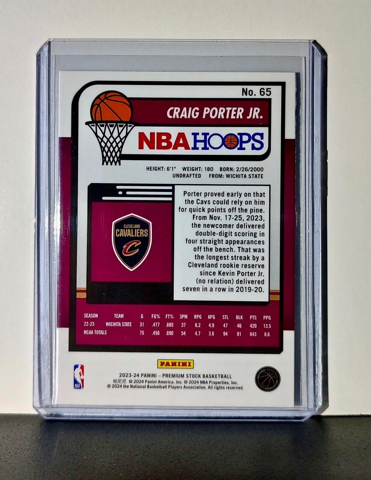 Craig Porter Jr. 2023-24 Panini Premium Stock NBA Hoops #65 Rookie Cavaliers
