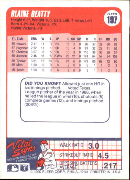 1990 Blaine Beatty Fleer Baseball Card #197