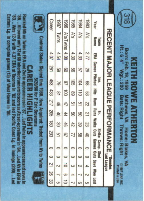 1988 Keith Atherton Donruss Baseball Card #318