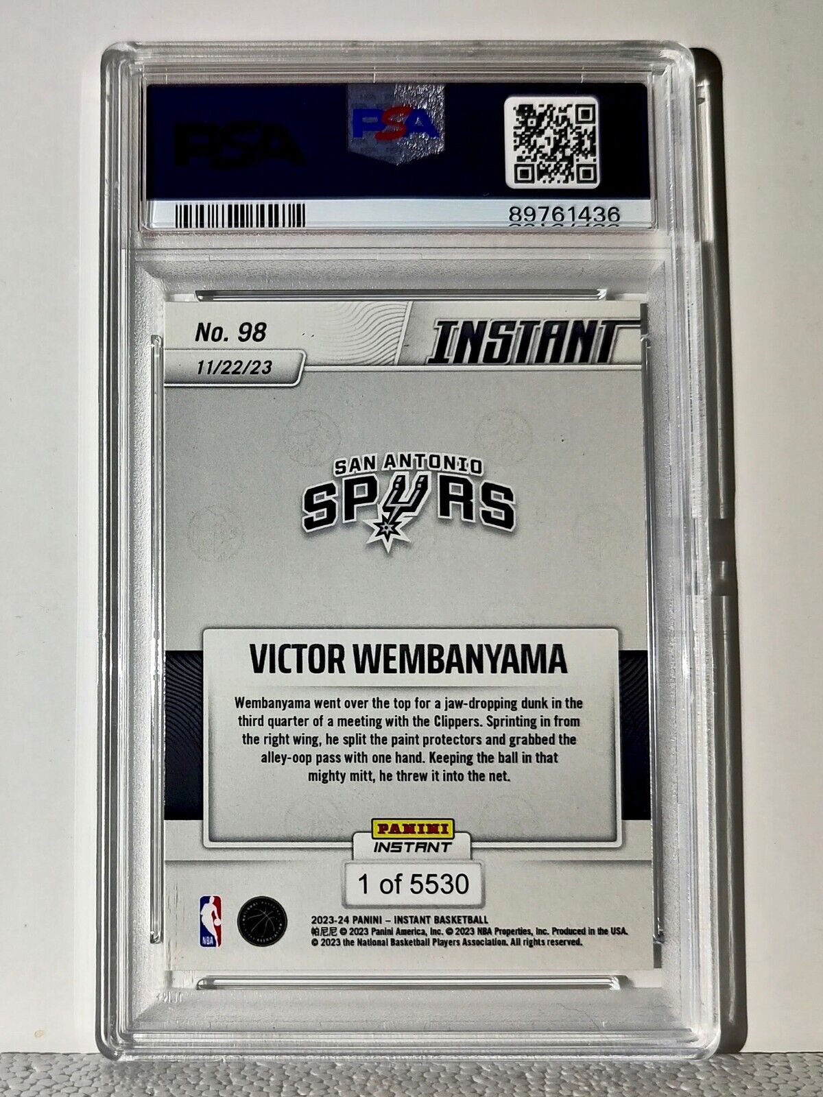 Victor Wembanyama 2023-24 Panini #98 NBA Rookie Card Spurs 1 of 5530 PSA 9 Mint