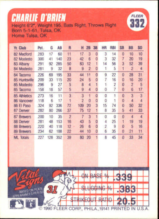 1990 Charlie O'Brien Fleer Baseball Card #332