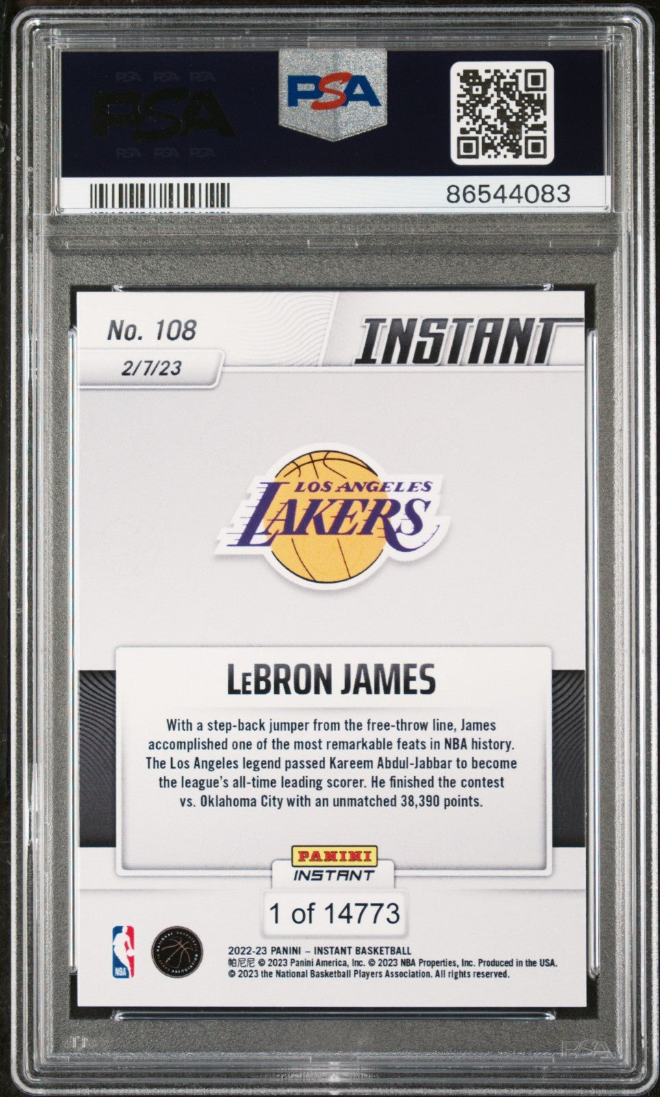 Lebron James 2022 Panini #108 NBA Record Basketball Card 1 of 14773 PSA 9 Mint