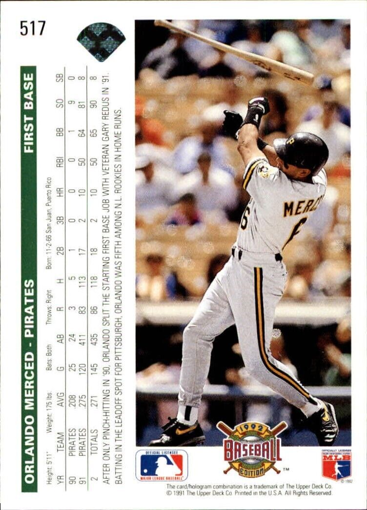 Orlando Merced 1992 Upper Deck MLB #517 Baseball Card Pittsburgh Pirates