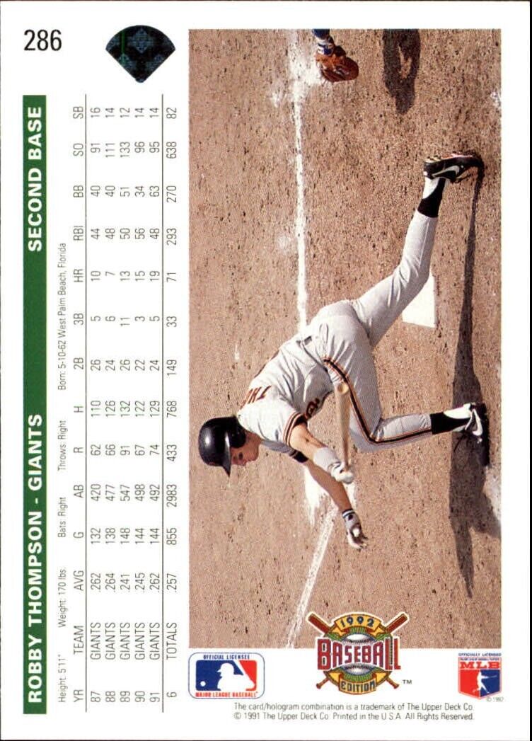 Robby Thompson 1992 Upper Deck MLB #286 Baseball Card San Francisco Giants