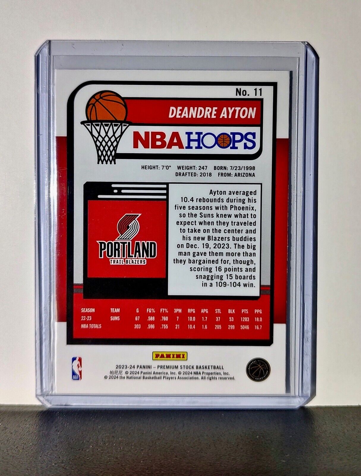 Deandre Ayton 2023-24 Panini Premium Stock NBA Hoops #11 Card Trail Blazers