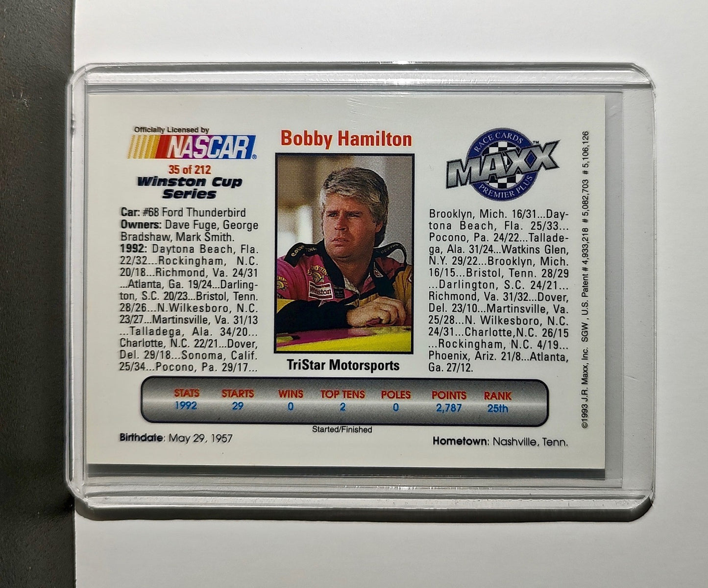 Bobby Hamilton 1993 Maxx Premier Plus Racing 35 NASCAR Card Tri-Star Motorsports