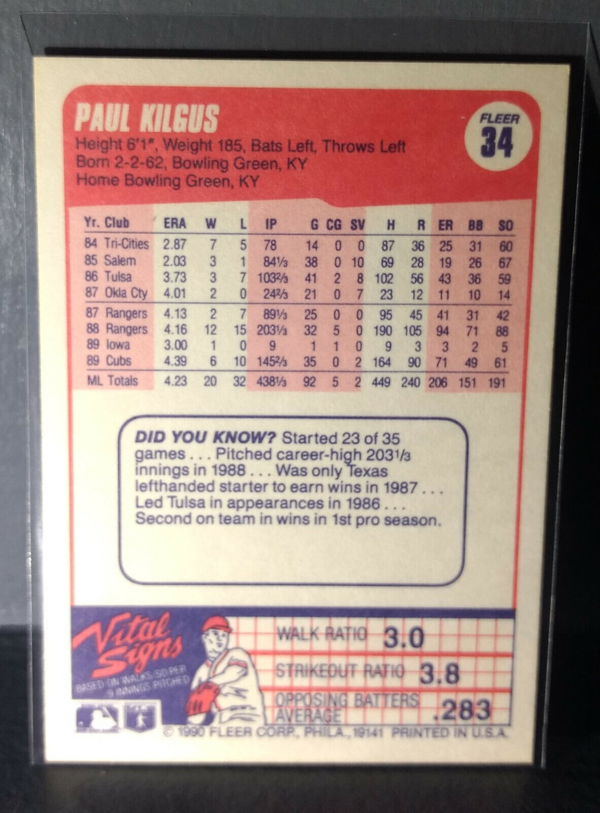 1990 Paul Kilgus Fleer Baseball Card #34