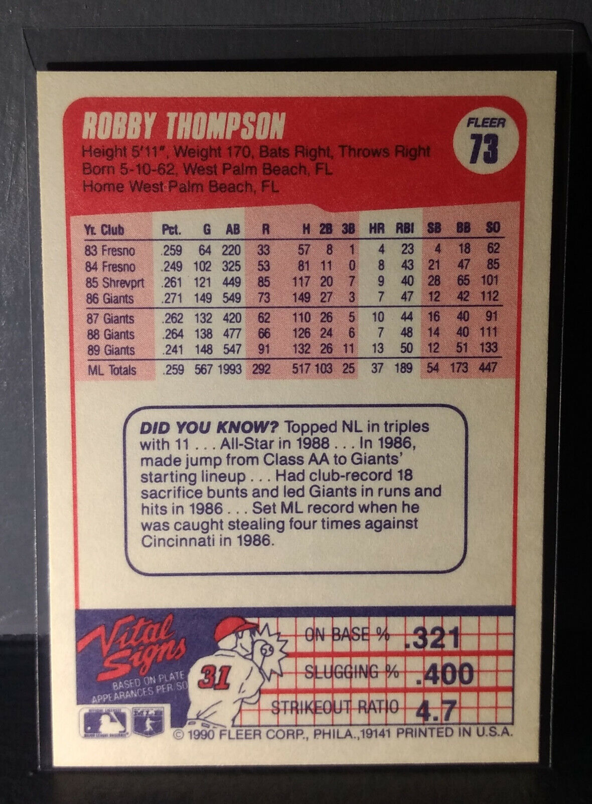 1990 Robby Thompson Fleer Baseball Card #73