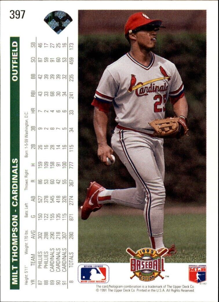 Milt Thompson 1992 Upper Deck MLB #397 Baseball Card St. Louis Cardinals