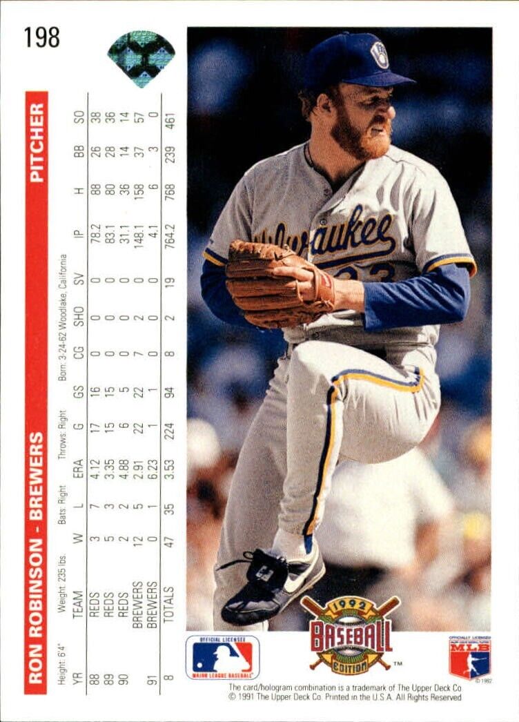 Ron Robinson 1992 Upper Deck MLB #198 Baseball Card Milwaukee Brewers