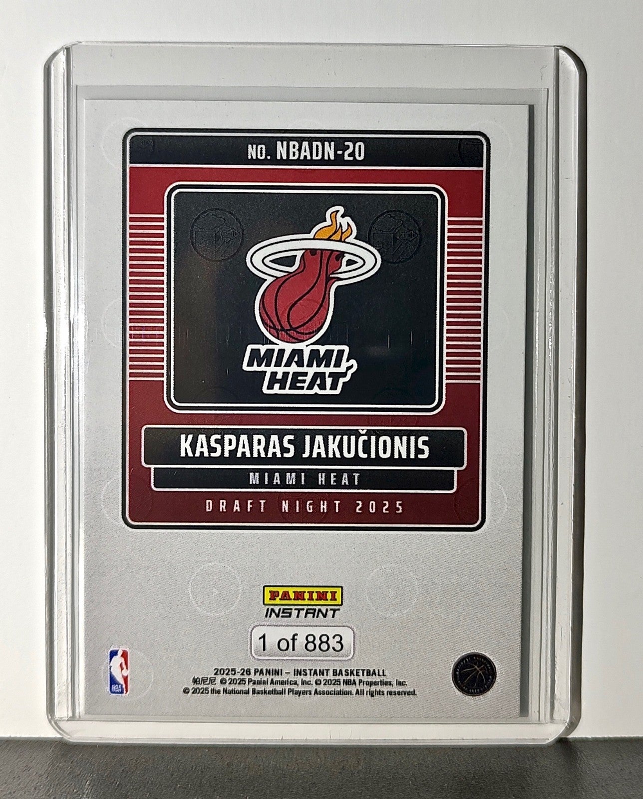 Kasparas Jakucionis Rookie 2025-26 Panini NBA #20 Draft Night Card Miami Heat